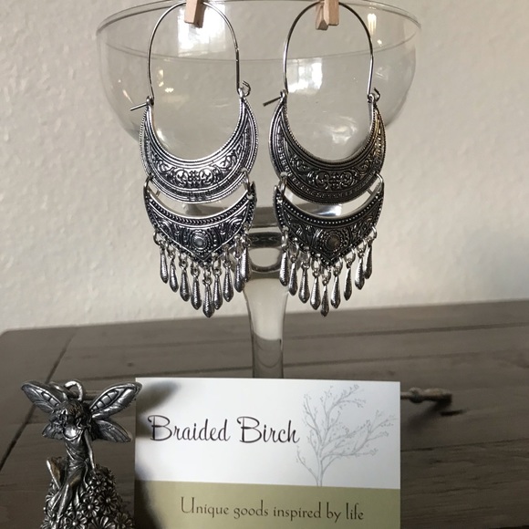 Silvertone Crescent Embossed Drop Earrings - Picture 4 of 4